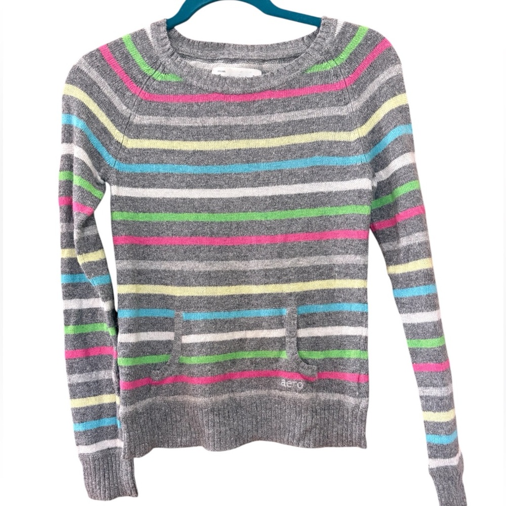 Small Aeropostale Y2K Preppy Gray Striped Multicolor Crewneck Sweater